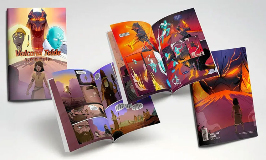 Collage aus Bildern des Comics „Volcano Teide Legend“